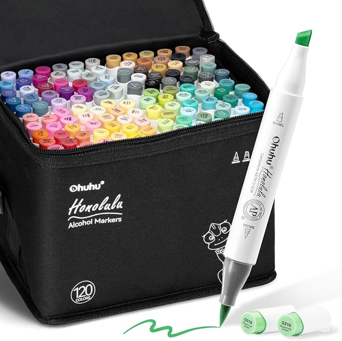 Ohuhu Alcohol Markers 120 Colors Brush & Chisel for Adult Coloring Drawing