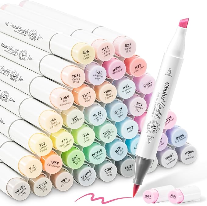 Ohuhu Alcohol Markers 48 Pastel Colors Sweetness Brush & Chisel Tip for Adult