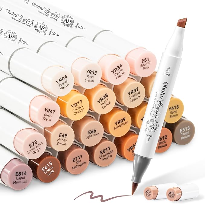 Ohuhu Alcohol Markers 24 Skin-tone Colors Brush & Chisel Tip